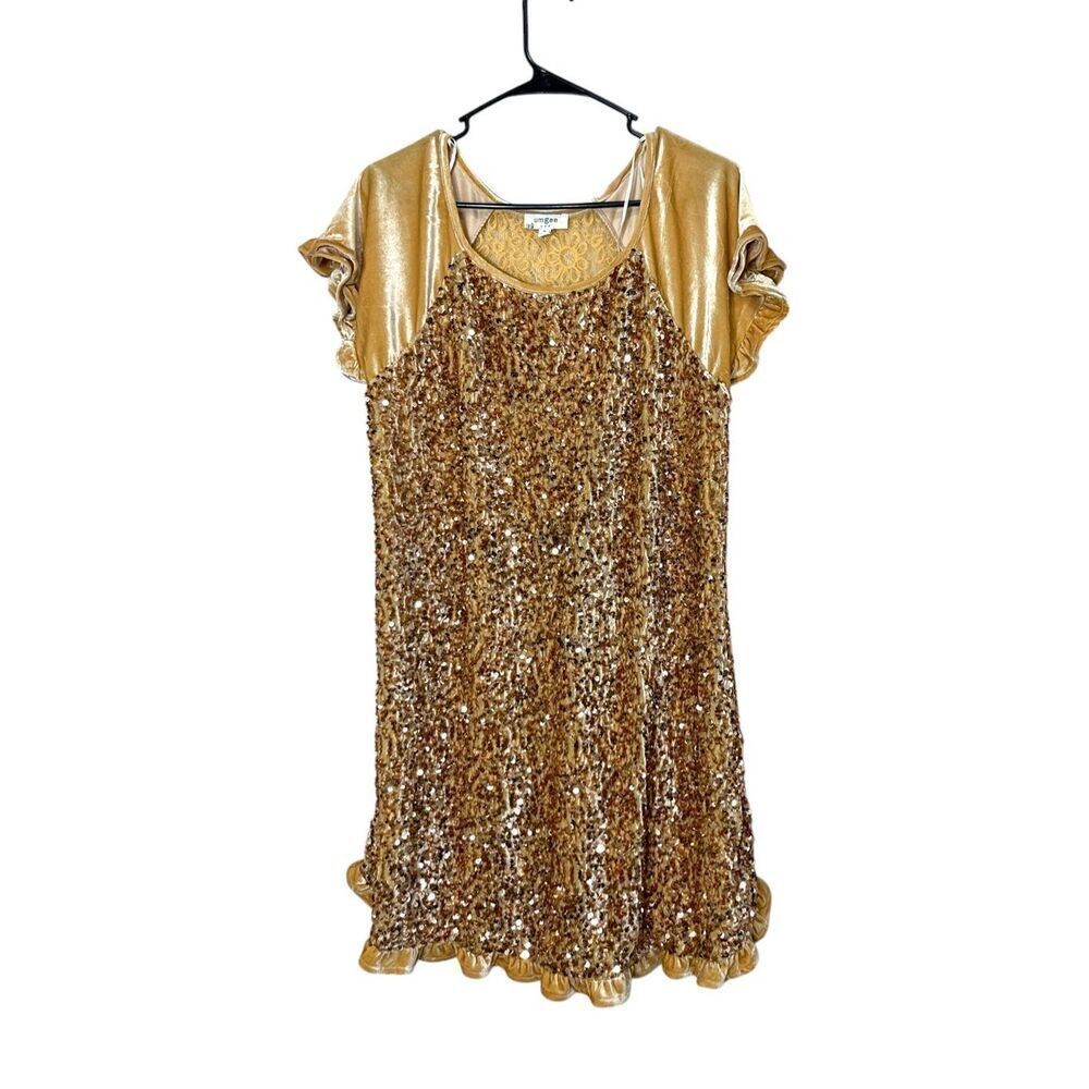 Umgee Gold Sequins Velvet Dress Ruffled Sleeves Women’s Size‎ M